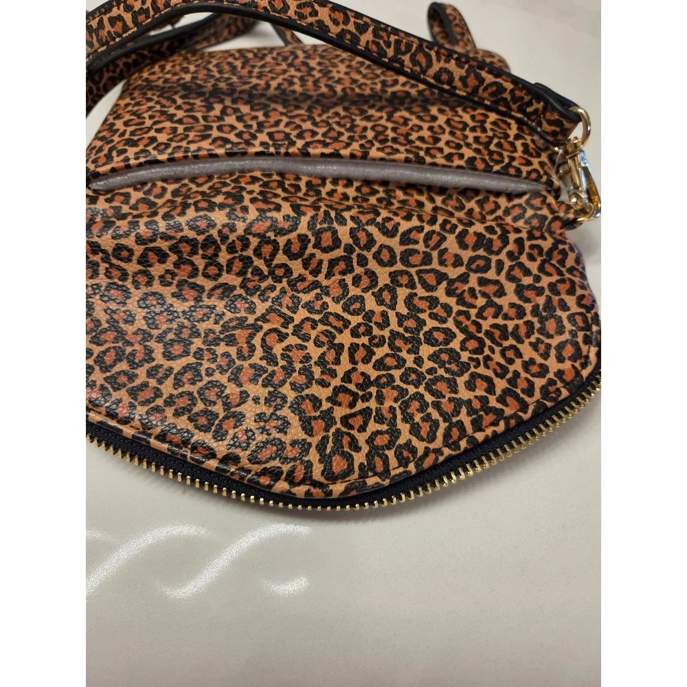 Leopard Print Foldover Crossbody Bag with Zipper Detail Brown Animal Print